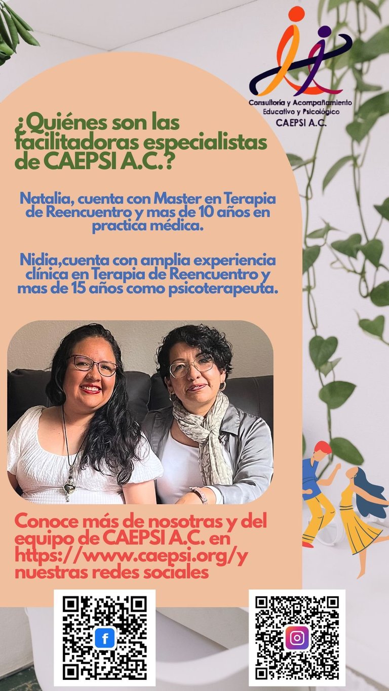CAEPSI A.C. promotional flyer introducing two specialist facilitators, Natalia and Nidia, with their photos and professional credentials in Spanish