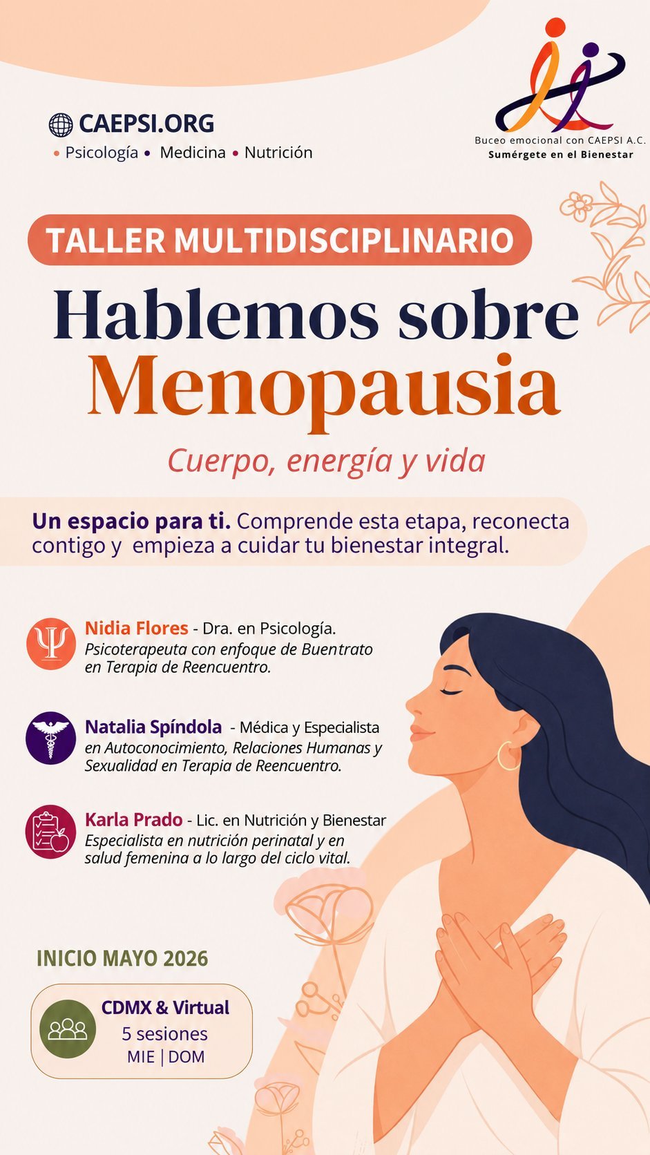 Multidisciplinary workshop on menopause featuring psychologist, doctor, and nutritionist with event details starting May 2026