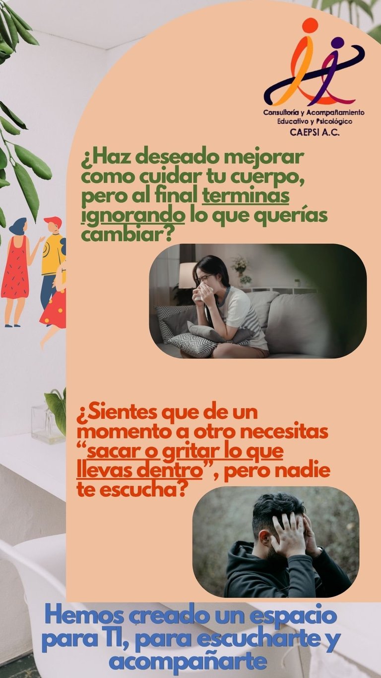 Spanish language educational poster about emotional support and mental health counseling services by CAEPSI A.C., featuring illustrations and photos of people seeking help
