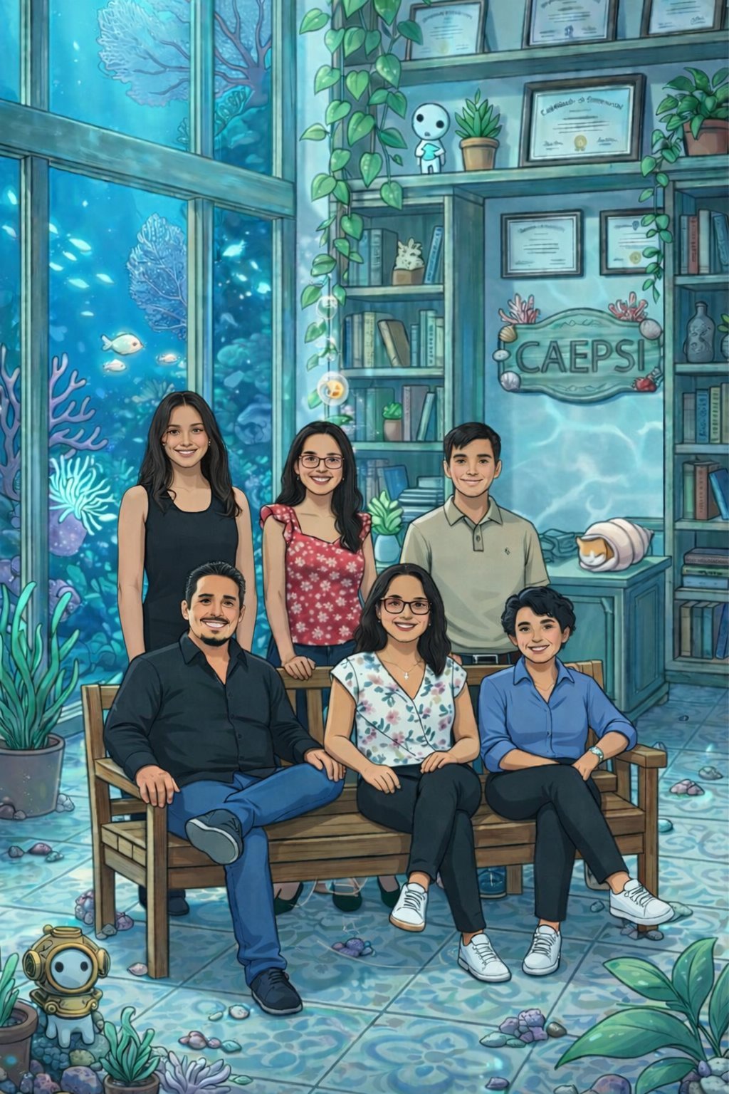 Six diverse people posed together in a teal-blue underwater-themed office with bookshelves, aquarium window background, and decorative plants