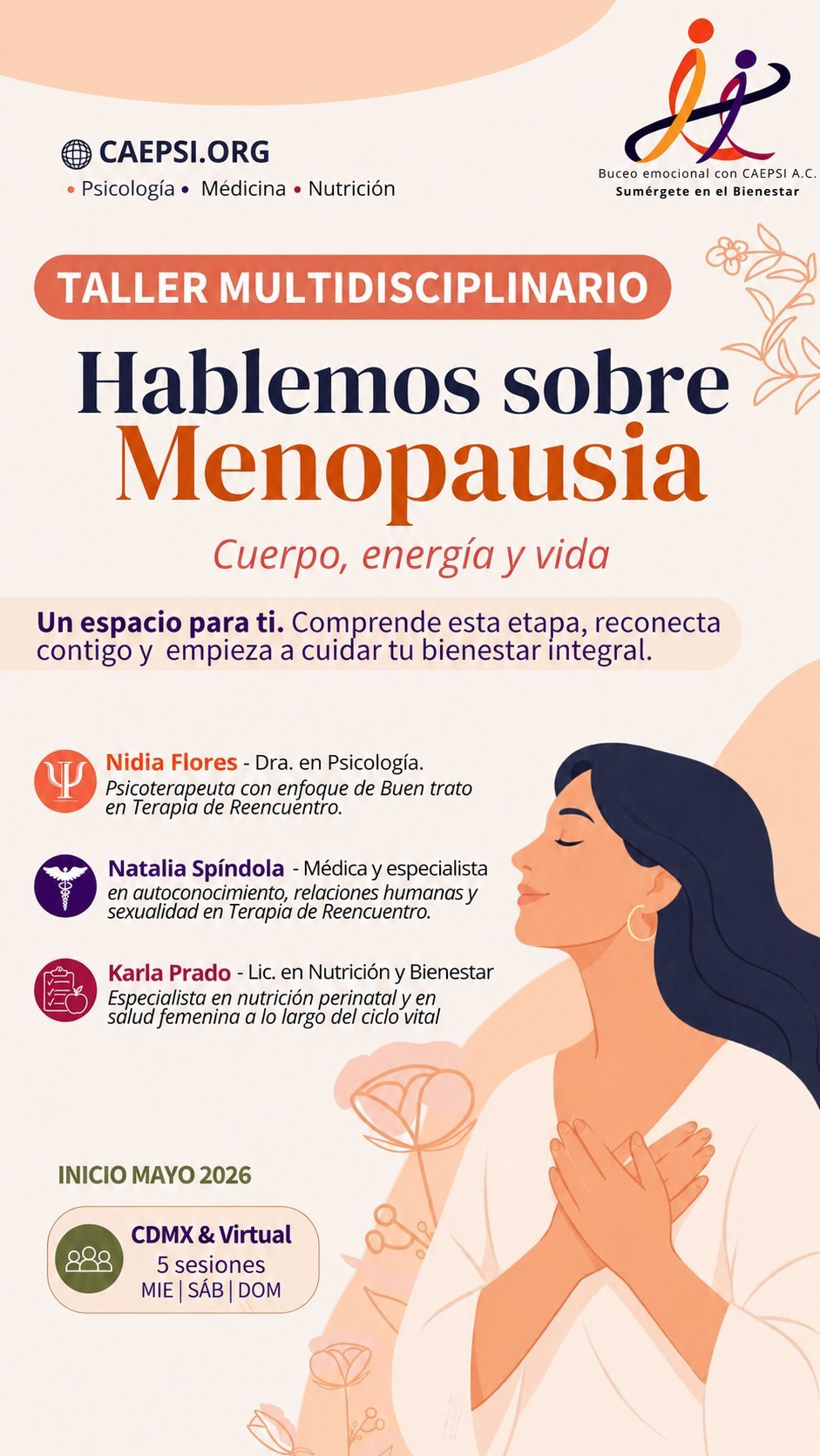 Flyer for multidisciplinary menopause workshop starting May 2026, featuring three female health professionals and woman illustration