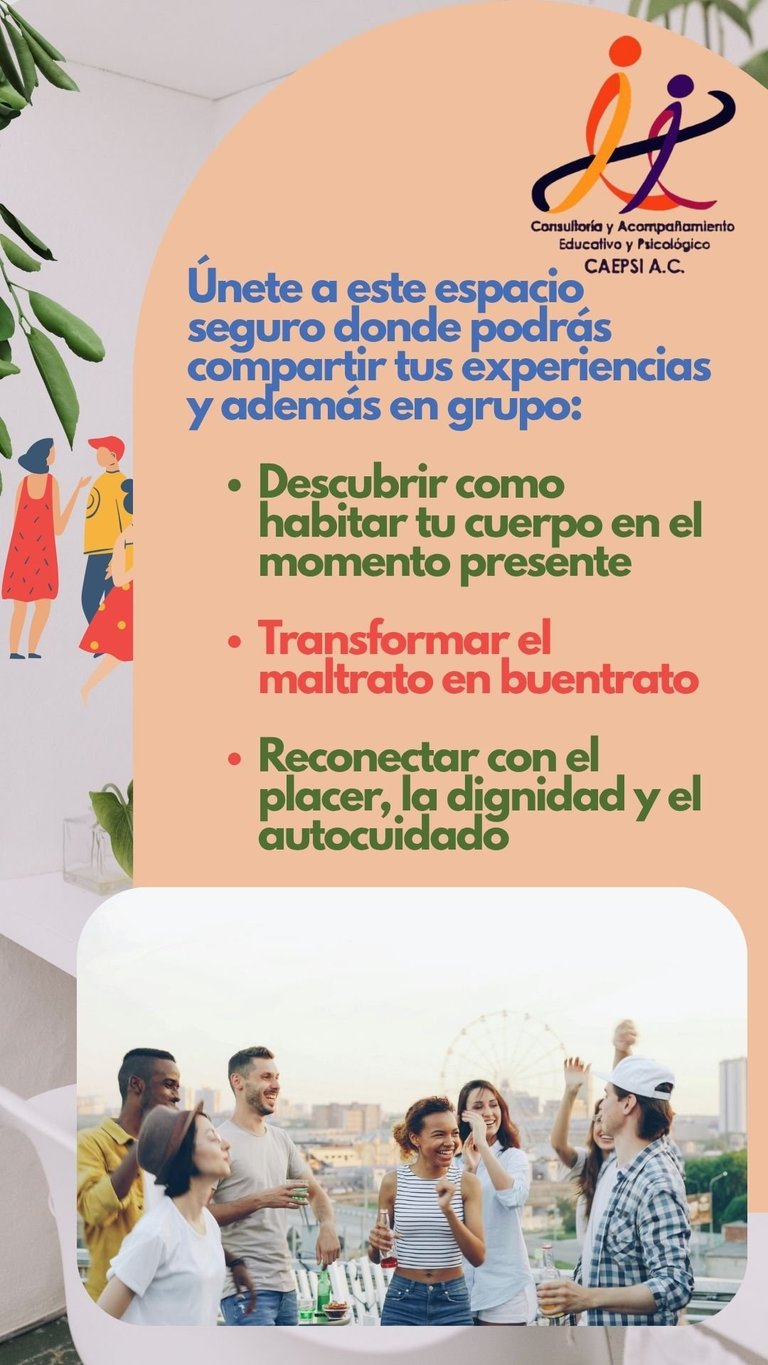Spanish promotional poster for CAEPSI counseling services showing an invitation to join a safe space for sharing experiences and healing from abuse with diverse illustrated and photographed people