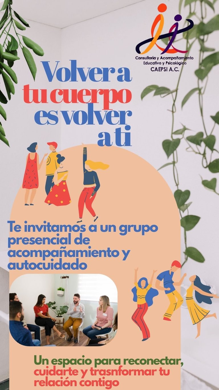 Spanish flyer promoting group coaching and self-care program with colorful illustrations of people and the CARPI A.C. logo