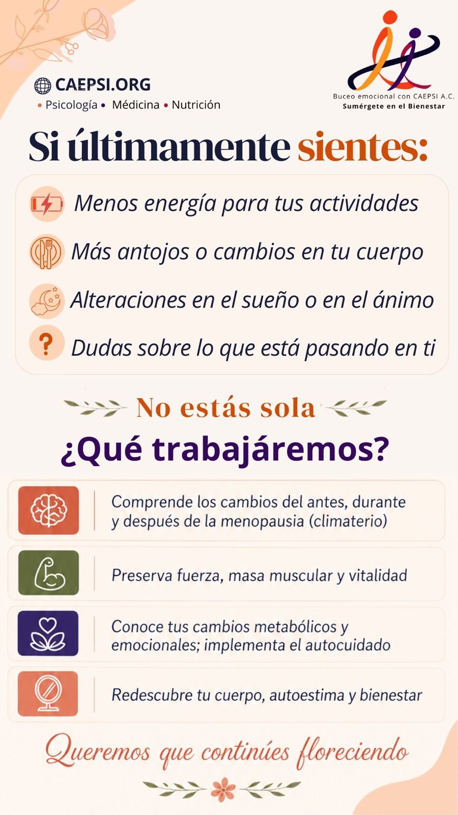 Spanish educational poster about menopause symptoms and support from CAEPSI.ORG, listing warning signs and wellness services offered