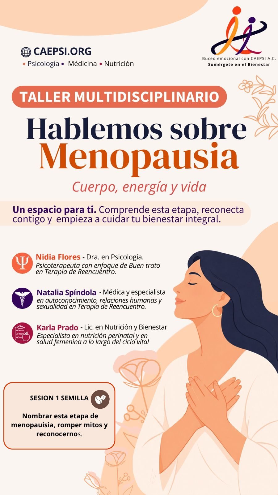Promotional poster for multidisciplinary workshop on menopause featuring three female experts discussing body, energy, and wellbeing