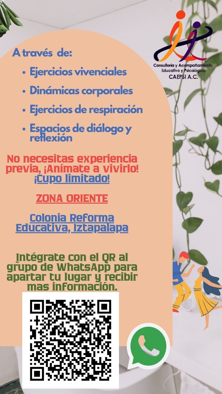 Spanish flyer advertising wellness workshops in Zona Oriente with QR code and WhatsApp contact, decorative plants and cartoon figures